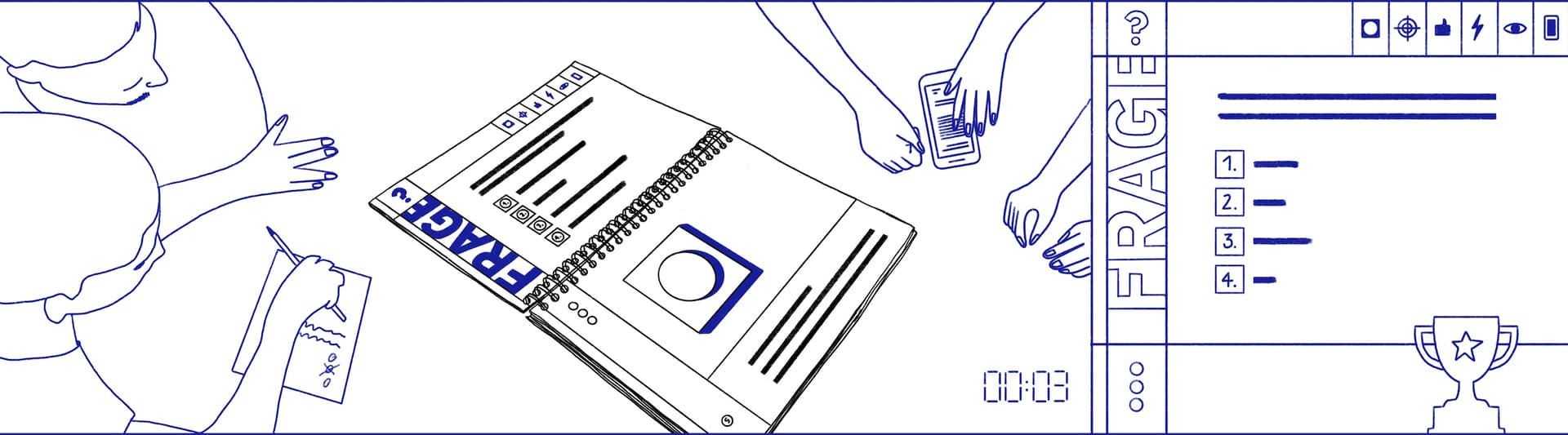 Illustration eines Quiz: Personen mit Notizblock und Handy, Spiralheft, Bildschirm mit "FRAGE", Auswahl "1.–4.", Timer "00:03", Trophäe-Symbol