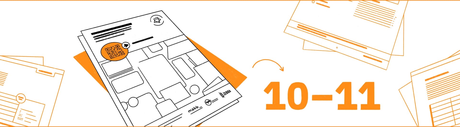 Illustration mit Dokumentstapeln, zentrales Blatt mit QR‑Code und Play‑Icon, Pfeil weist auf den Text "10–11"