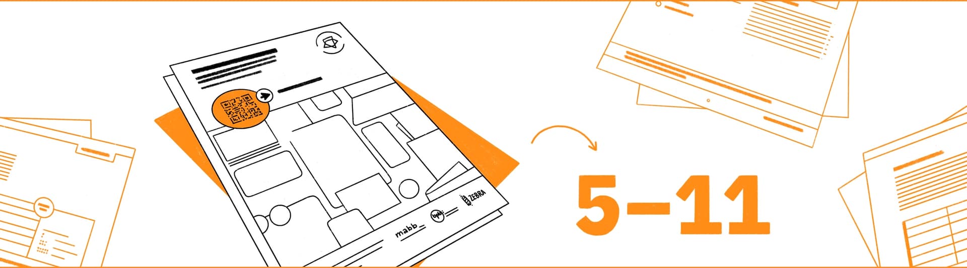 Illustration mit Dokumentstapeln, zentrales Blatt mit QR‑Code und Play‑Icon, Pfeil weist auf den Text "5–11"