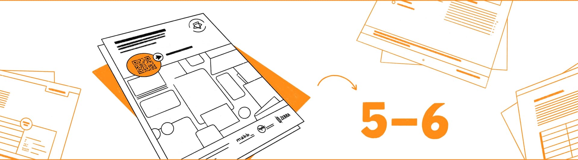 Illustration mit Dokumentstapeln, zentrales Blatt mit QR‑Code und Play‑Icon, Pfeil weist auf den Text "5–6"