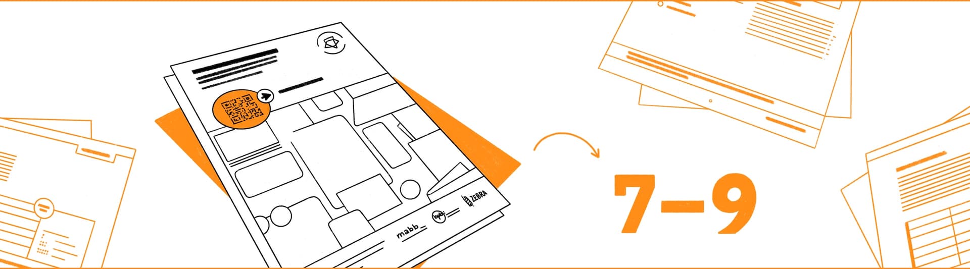 Illustration mit Dokumentstapeln, zentrales Blatt mit QR‑Code und Play‑Icon, Pfeil weist auf den Text "7–9"