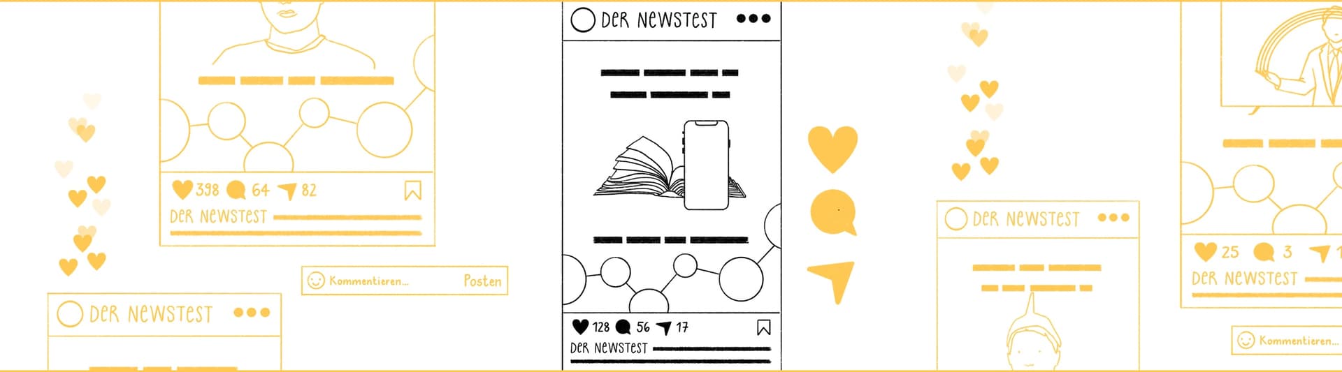 Illustration von Social-Media-Feeds in Gelb, UI-Icons mit Herzen, Sprechblasen, Social Media Beitrag von "DER NEWSTEST" mit Netzwerkblasen und Handy auf Buch