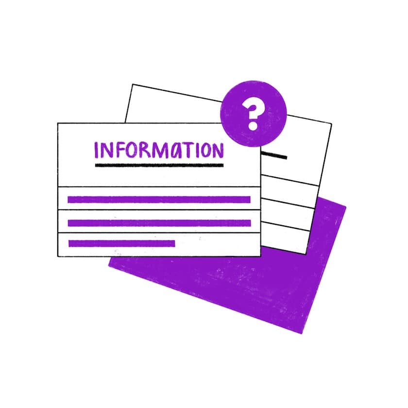 Illustration eins Stapels von Infokarten/Papieren. Oben steht „INFORMATION“, darunter lila Textbalken. Daneben ein lila Kreis mit Fragezeichen (Hinweis auf Unklarheit/Fragen). Im Hintergrund liegt ein lila Blatt.