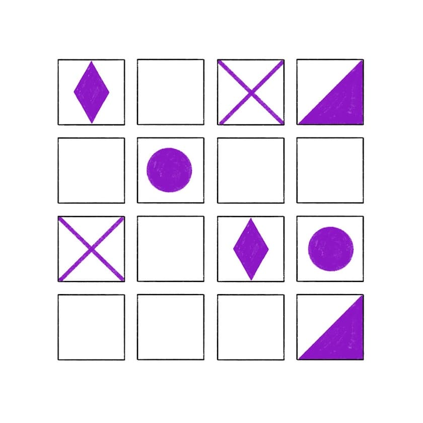 4×4‑Raster mit Symbolen als Logik-/Musterpuzzle. In einigen Feldern sind lila Formen.