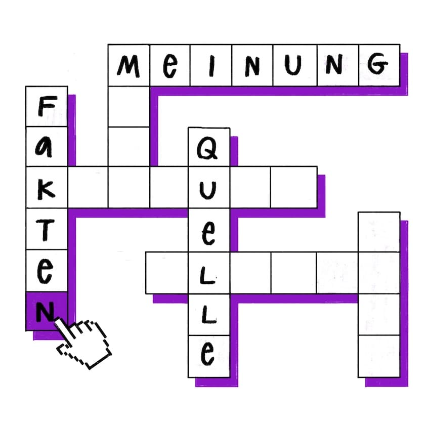 Kreuzworträtsel mit lila Markierungen, Wörter "MEINUNG", "FAKTEN", "QUELLE"; Cursor klickt auf das "N" von "FAKTEN"