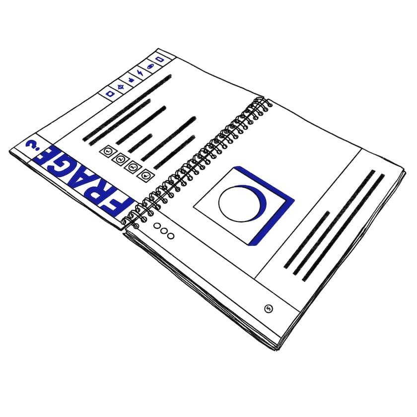 Offenes Spiralheft mit Quiz‑Layout, oben Symbolleisten, links „FRAGE“, Textbalken und Bildplatzhalter in Blau