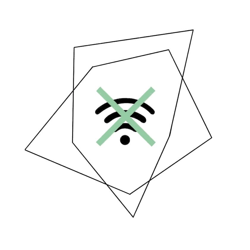 Ein WLAN‑Symbol wird von einem mintgrünen X durchgestrichen (Kein Internet/Offline). Darum liegen zwei überlappende, unregelmäßige Polygon‑Rahmen in Schwarz – abstrakte, technische Anmutung.
