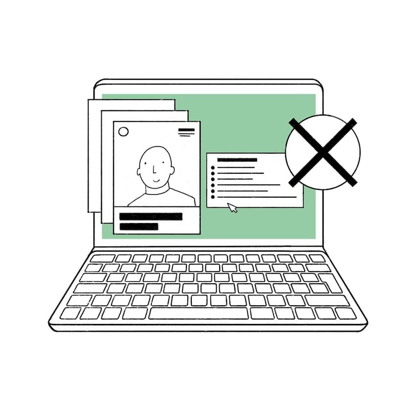 Illustration eines offenen Laptops. Auf dem Bildschirm (grün hinterlegt) liegen eine Profilkarte mit gezeichneter Person und geschwärzten Daten, und daneben ein kleines Fenster mit Aufzählungspunkten und Mauszeiger.